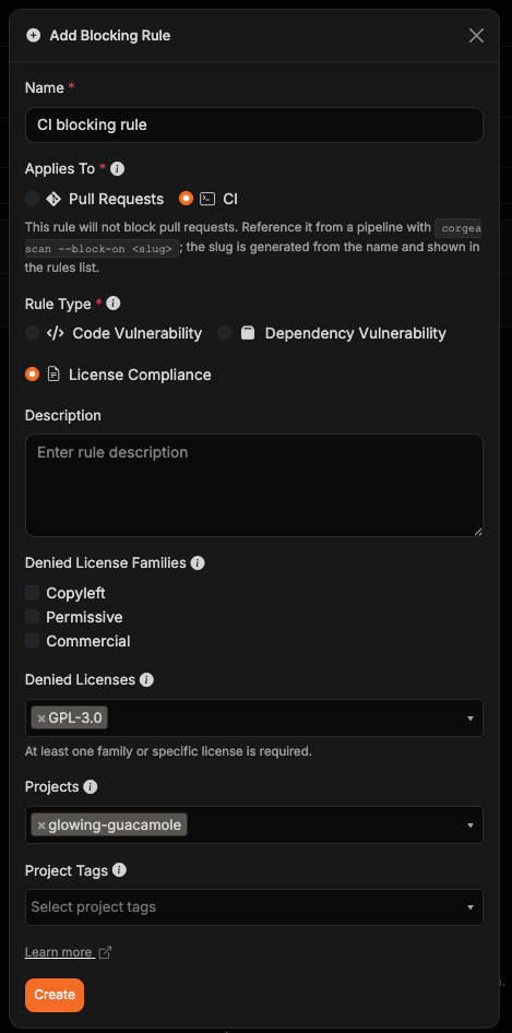 Add Blocking Rule modal with CI selected and License Compliance configured