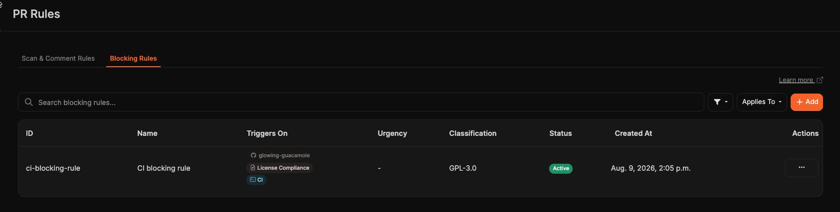 Blocking rules list showing slug, Triggers On chips, and CI badge
