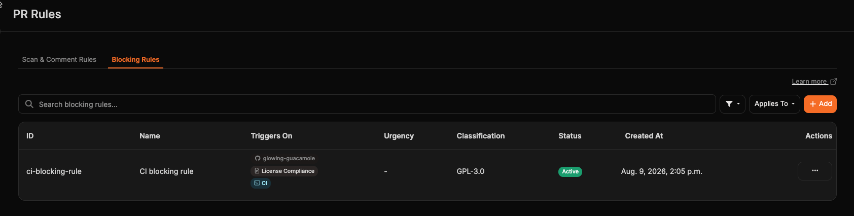 Blocking rules list showing slug, Triggers On chips, and CI badge