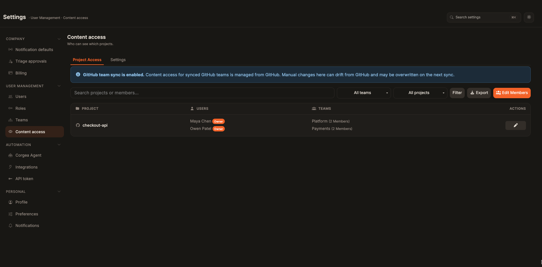 Liste des projets Content Access lorsque GitHub Team Sync est activé
