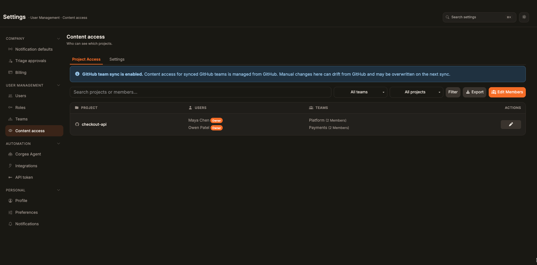 Liste des projets Content Access lorsque GitHub Team Sync est activé
