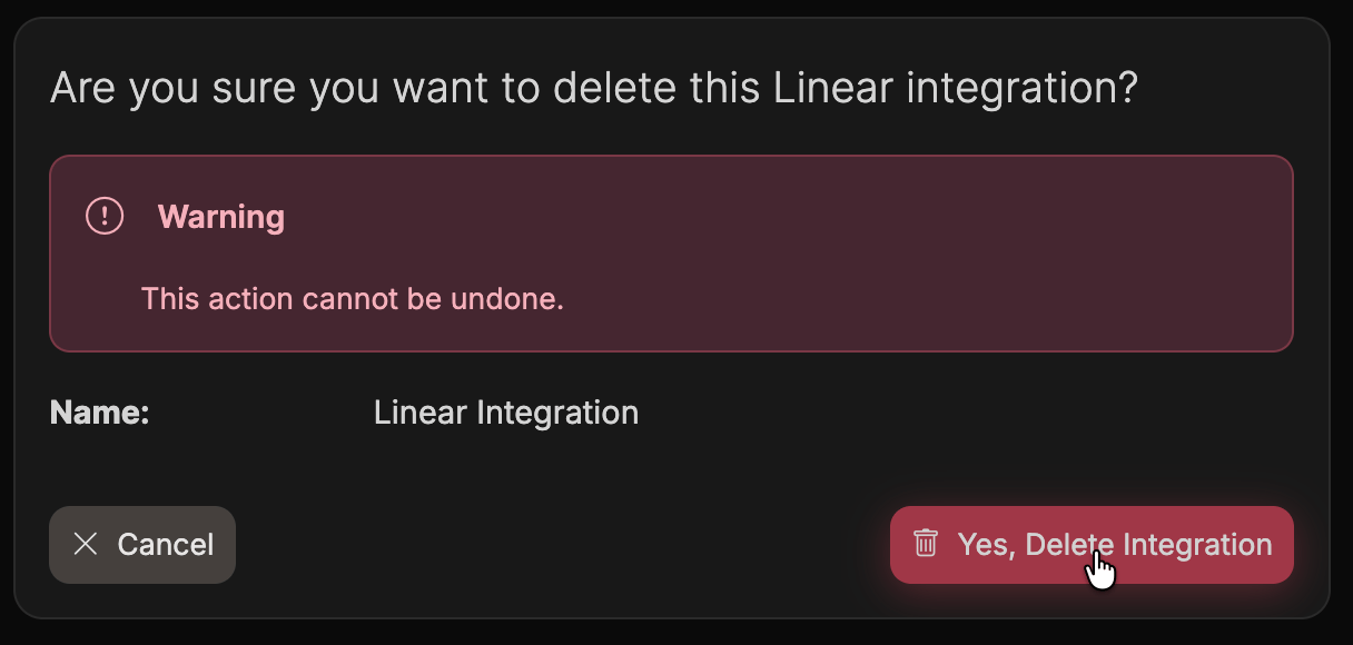 The confirmation page shown before deleting a Linear integration