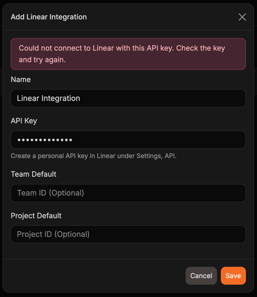 The Add Linear Integration dialog showing an invalid API key error