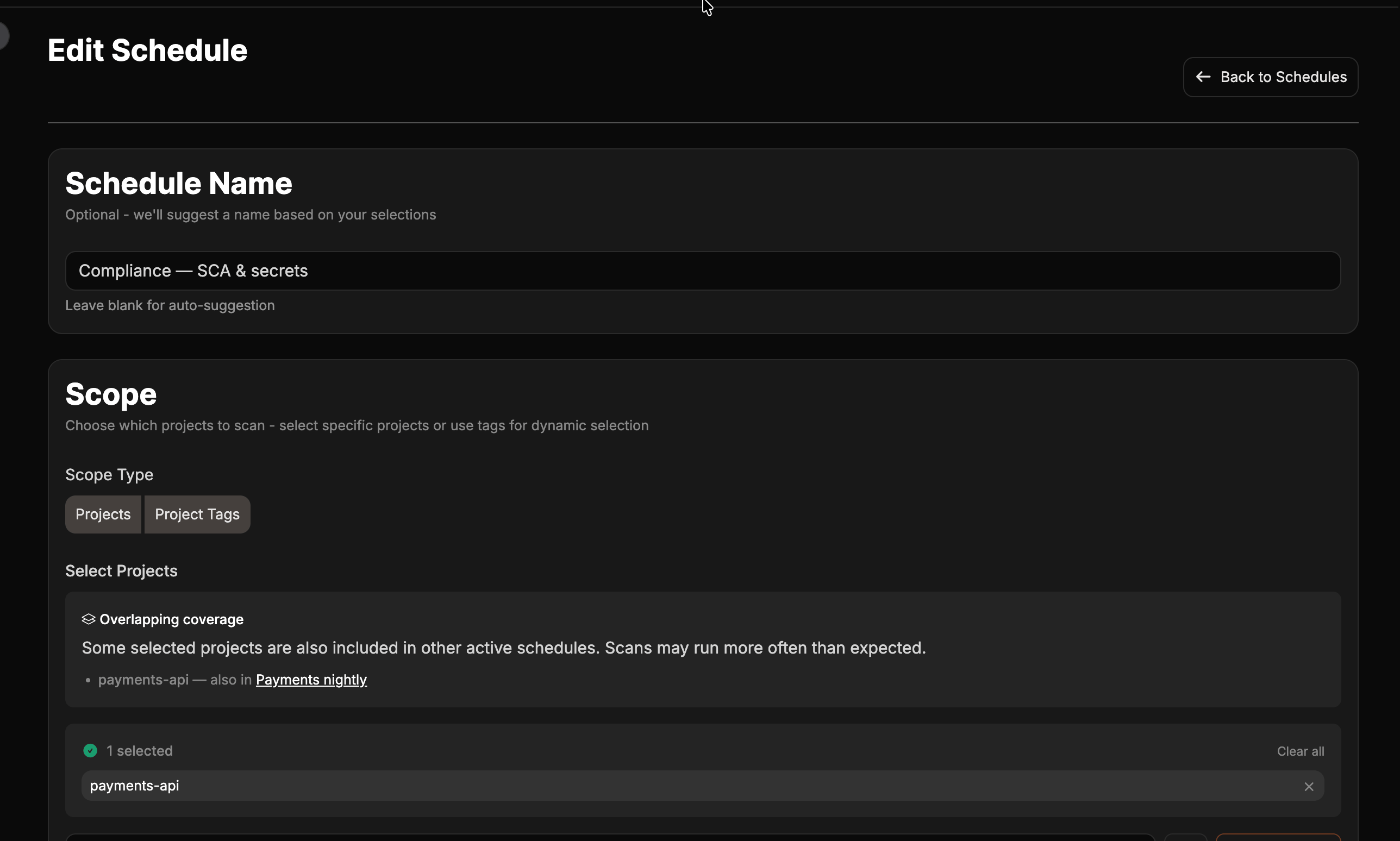 Edit Schedule page with an inline Overlapping coverage warning under Select Projects, noting that a selected project is also included in another active schedule