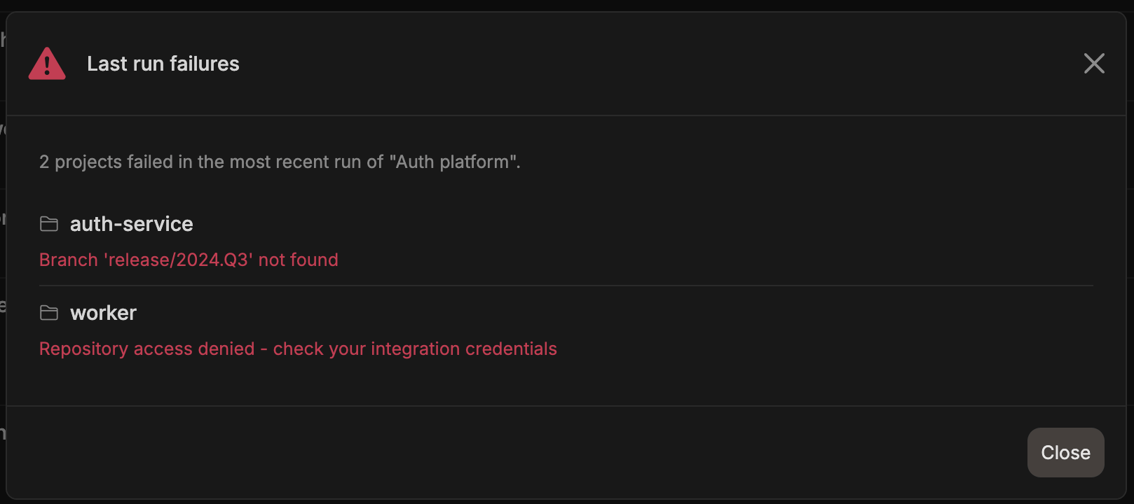 Last run failures modal listing each failed project with its reason, such as a branch not found or repository access denied