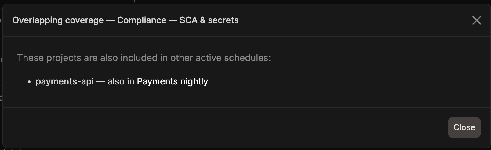 Overlapping coverage modal for a schedule, listing each shared project alongside the other active schedule that also includes it