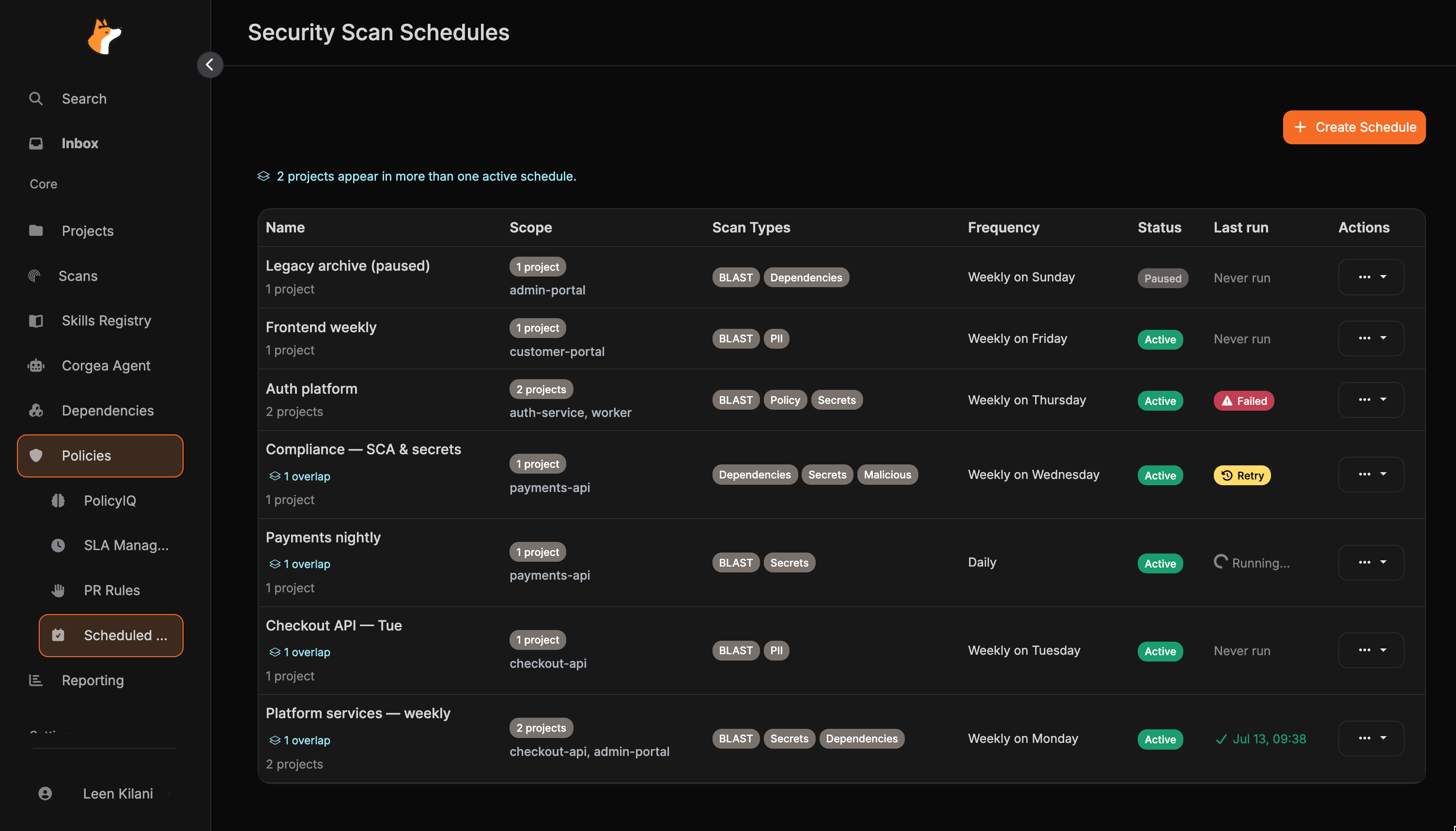 Security Scan Schedules page listing schedules with Name, Scope, Scan Types, Frequency, Status, and Last run columns, plus a banner reporting projects that appear in more than one active schedule