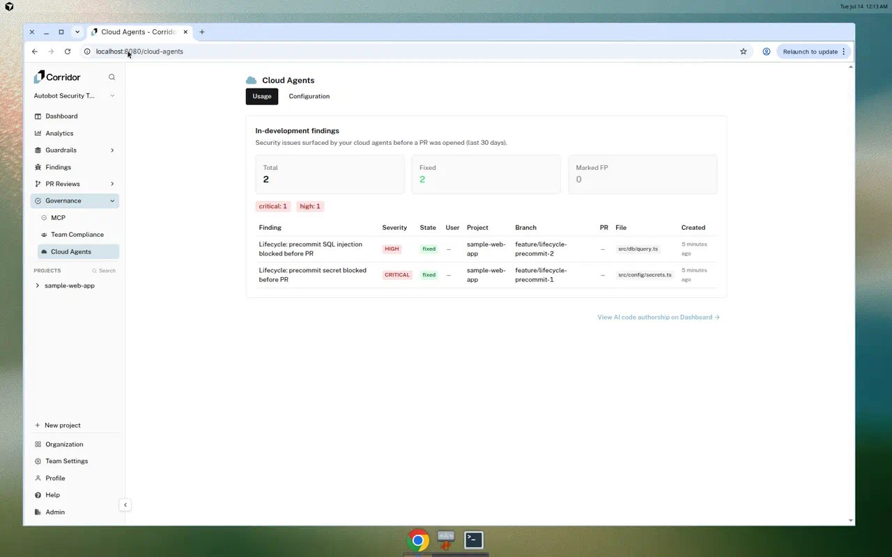 Cloud Agents Usage tab showing in-development findings with severity breakdown, state, and affected files
