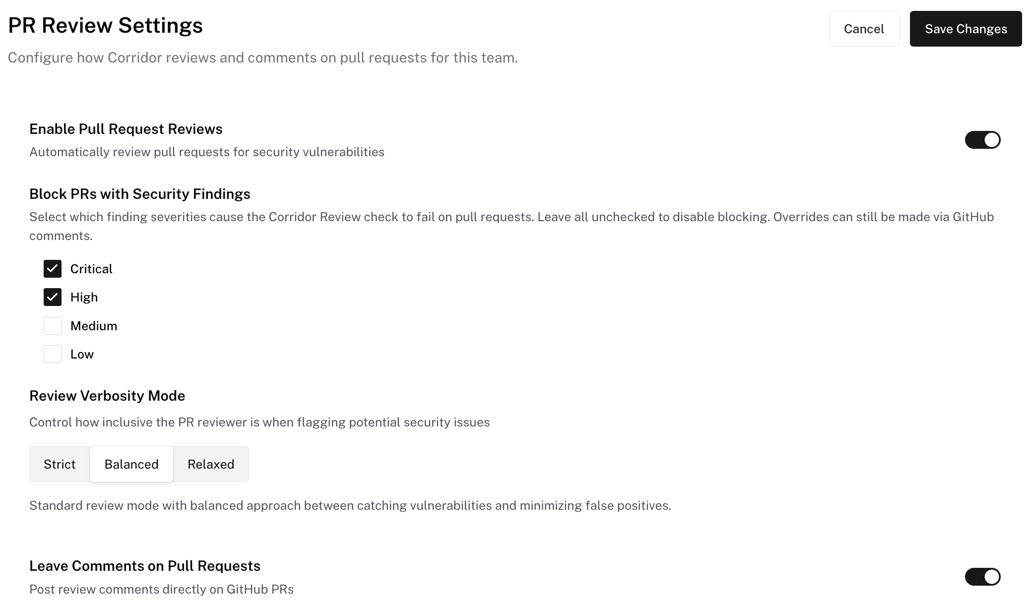 PR Review Settings with Block PRs with Security Findings showing Critical and High severities checked