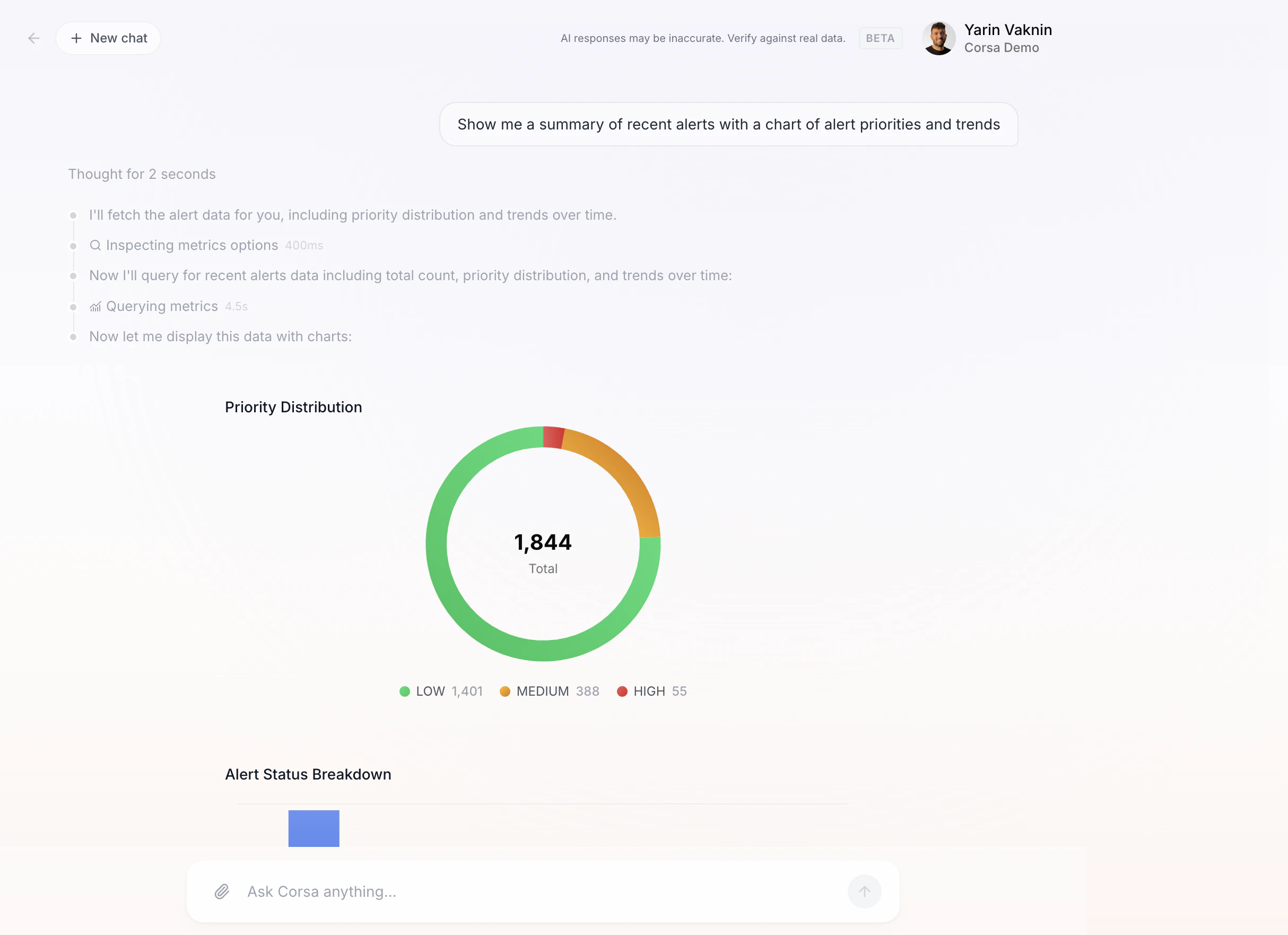 Copilot agent mode showing thinking steps, tool calls, and a generated chart