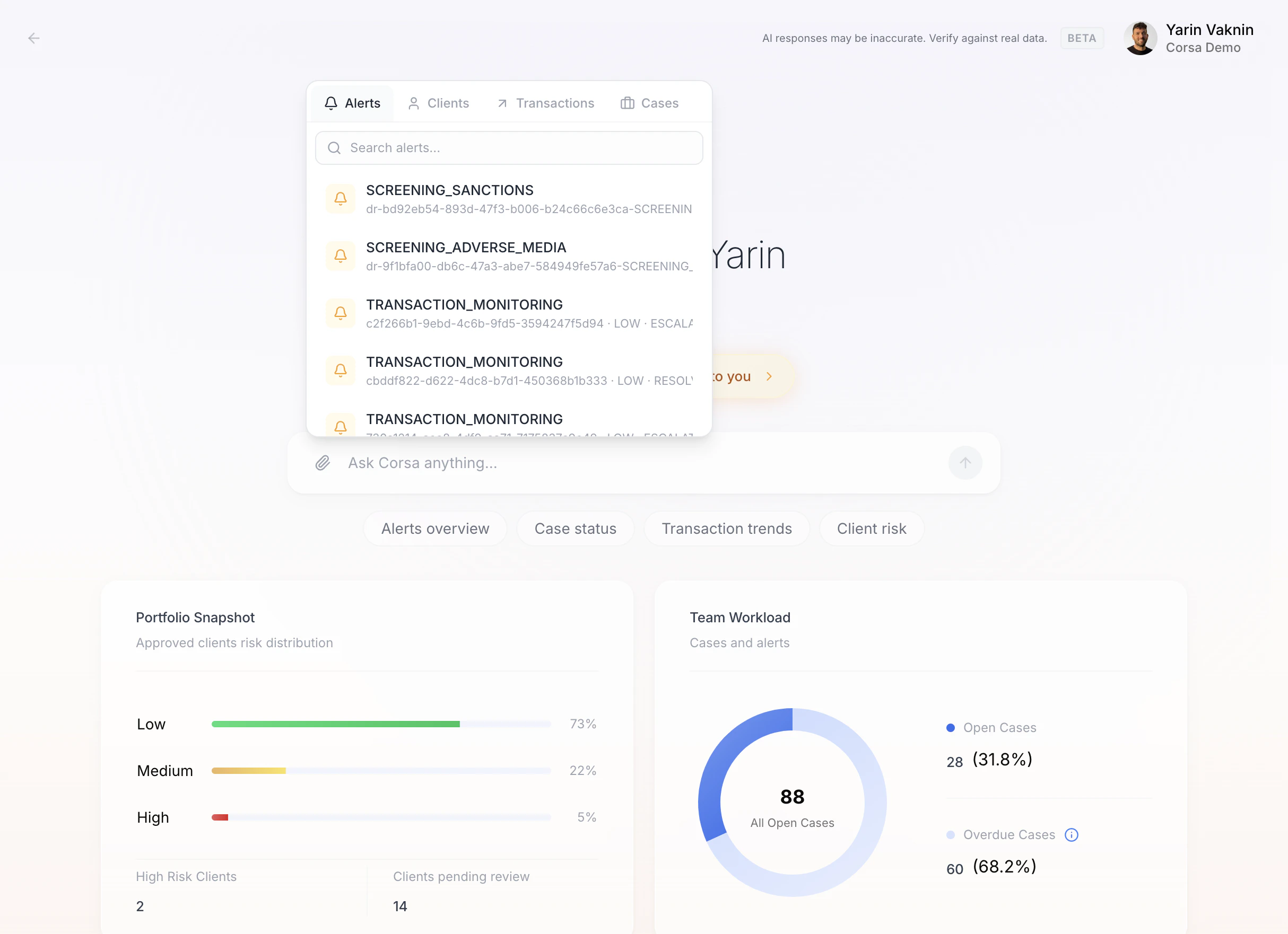 Entity attachment panel showing tabs for Alerts, Clients, Transactions, and Cases