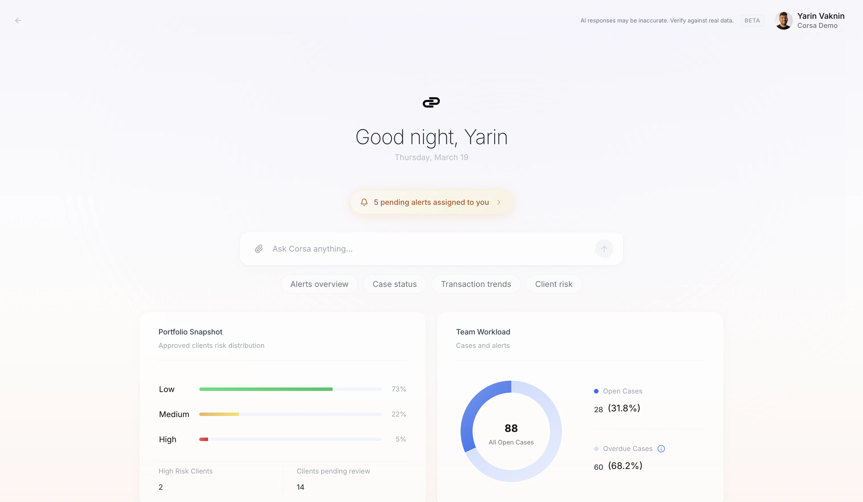 Copilot landing page with personalized greeting, quick actions, and dashboard widgets