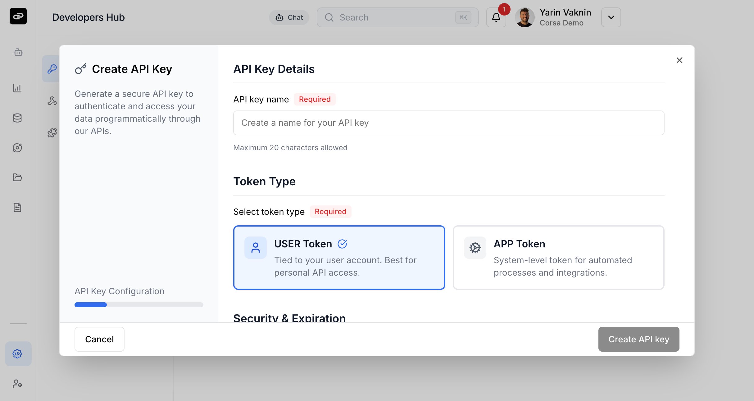 Create API Key modal