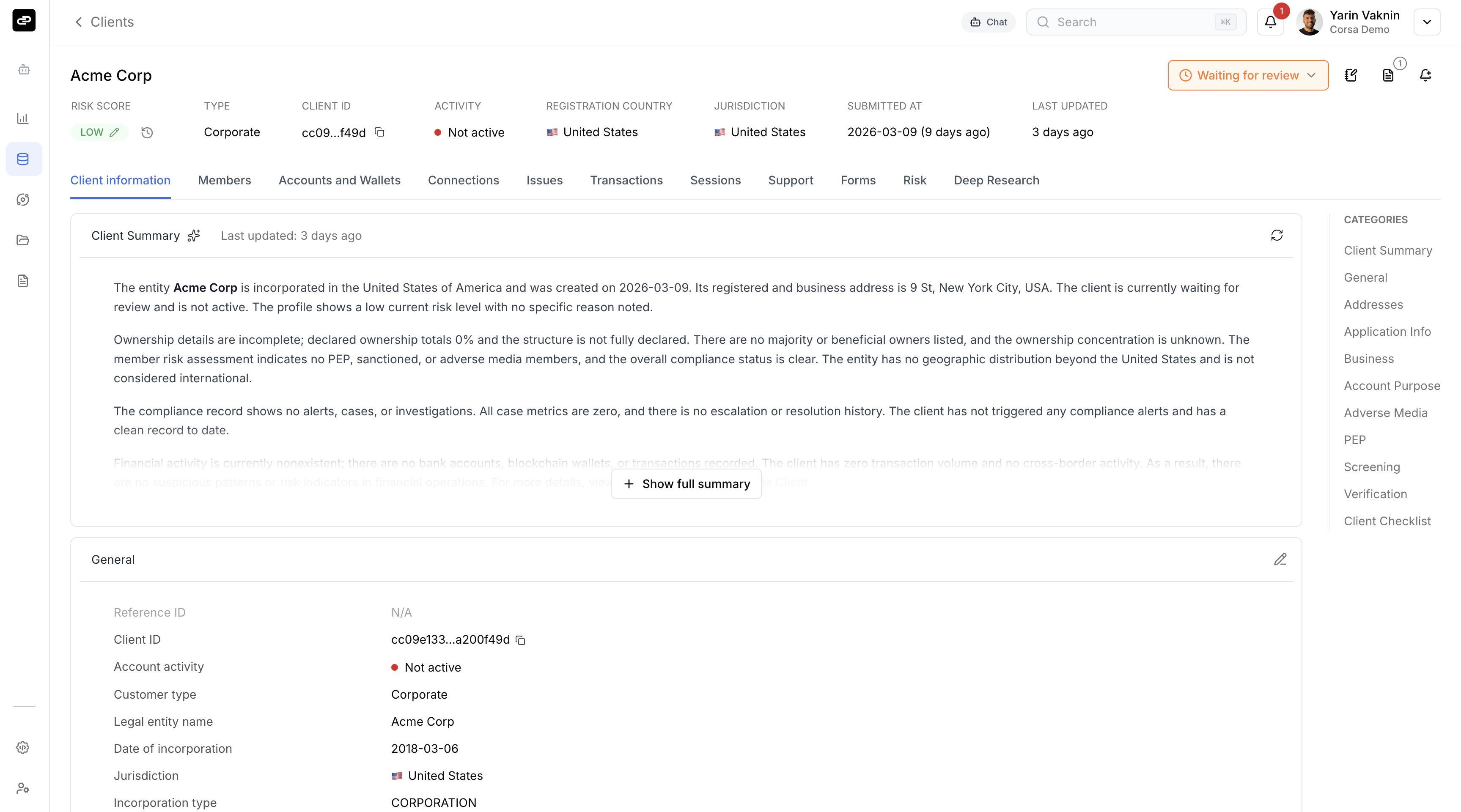 Client profile showing AI summary, status, risk score, and tabs