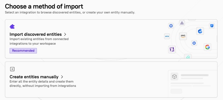 The 'Import discovered entities' tile is displayed.