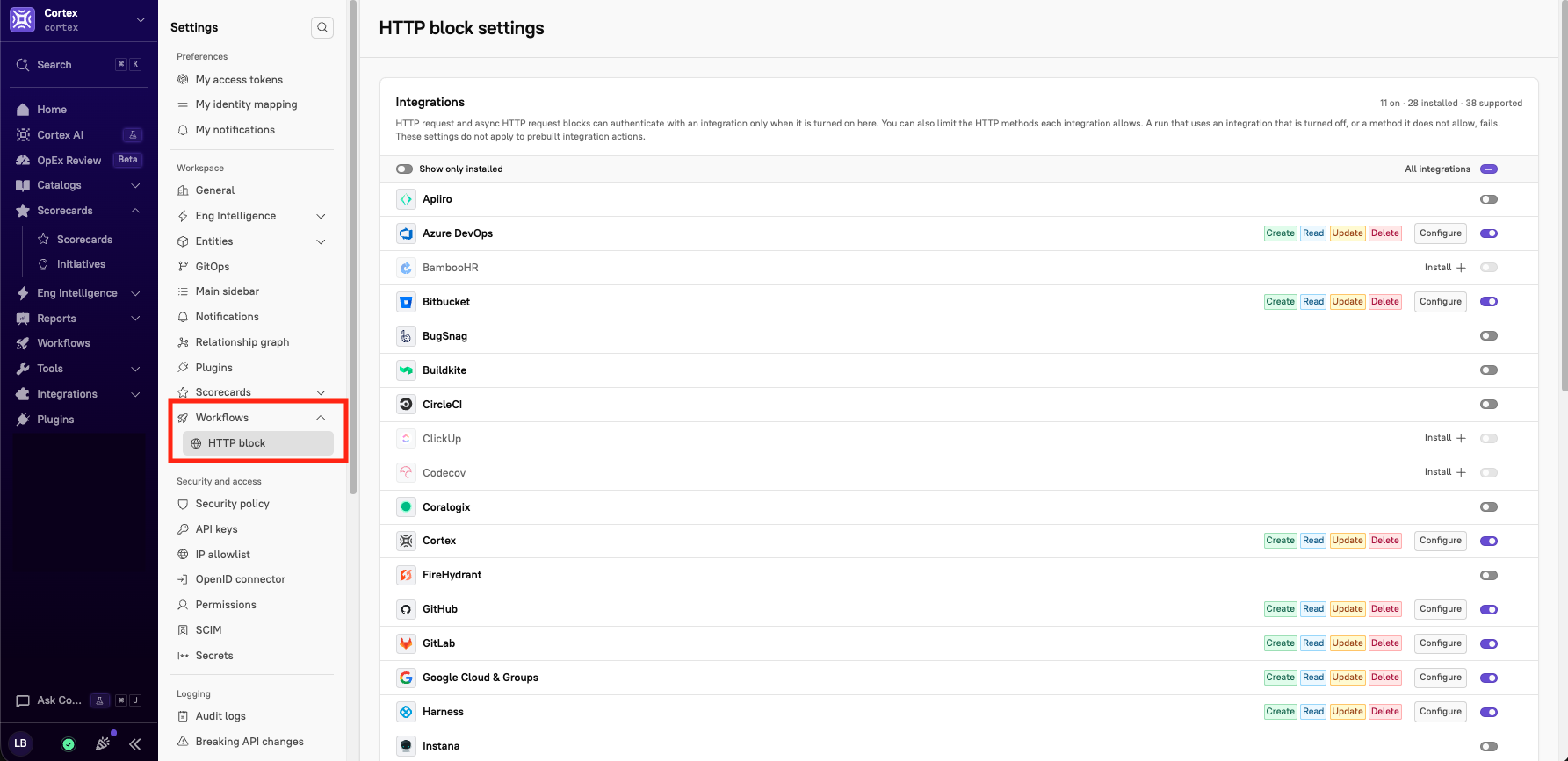 The 'HTTP block' tab in the settings sidebar.