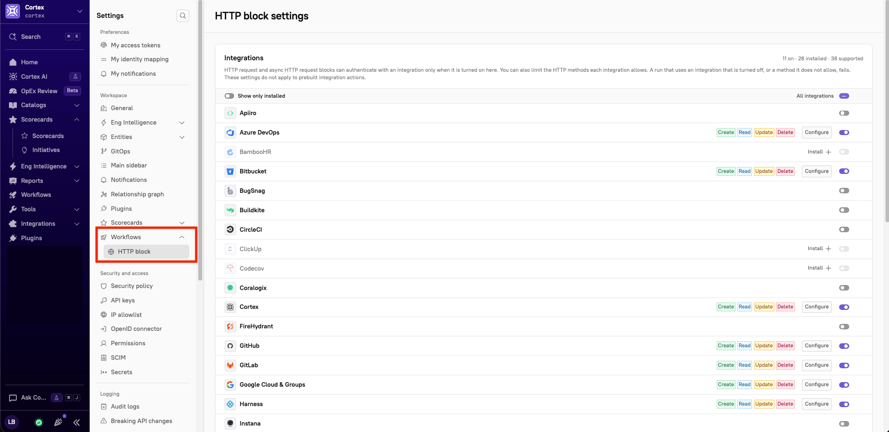 The 'HTTP block' tab in the settings sidebar.