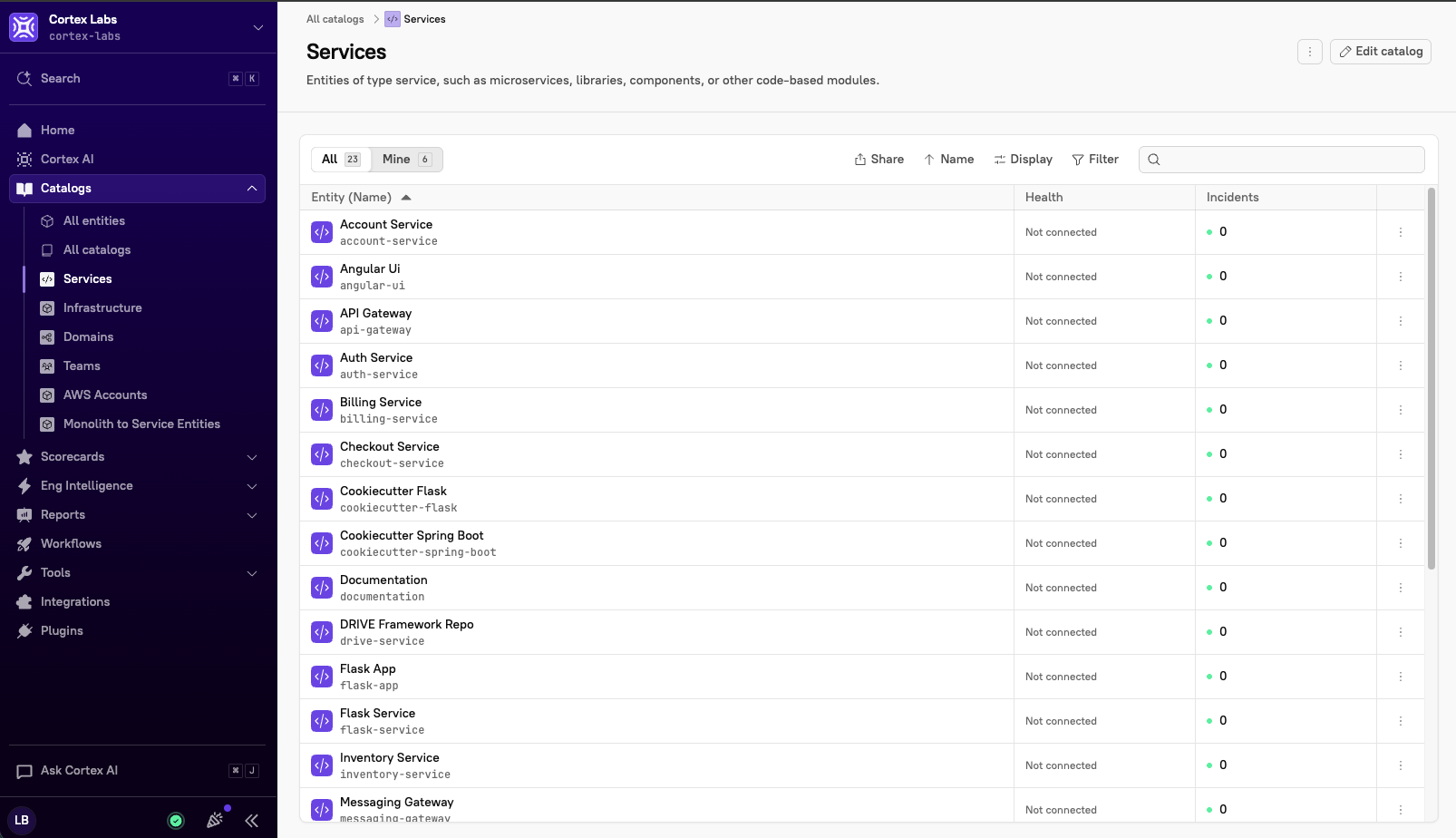 The services catalog displays a list of services.