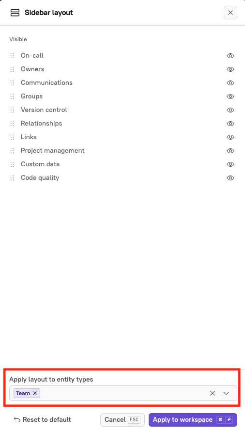 The Apply layout to entity types drop-down  menu in the bottom-right corner of the page.