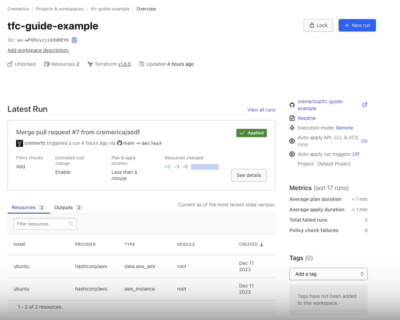 Our example workspace is named 'tfc-guide-example'