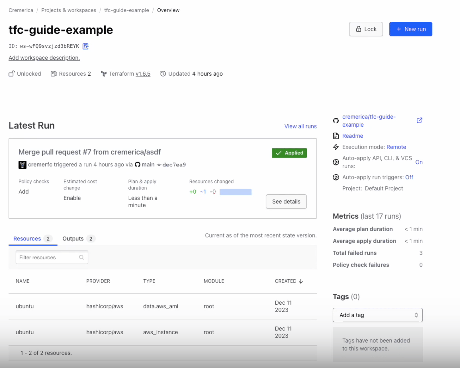 Our example workspace is named 'tfc-guide-example'