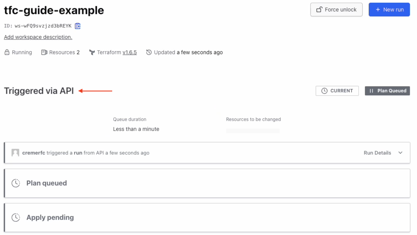 The run in Terraform is labeled 'Triggered via API.'