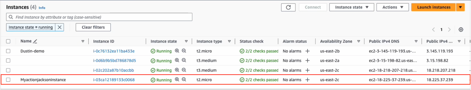 The instance is listed in AWS.