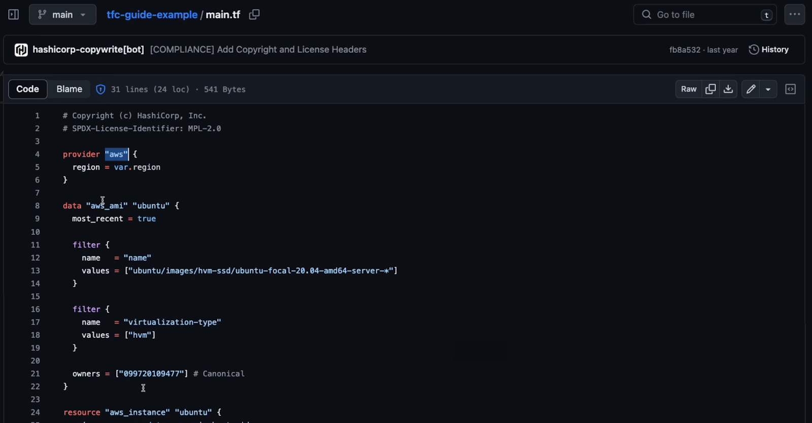 Example of the main.tf file