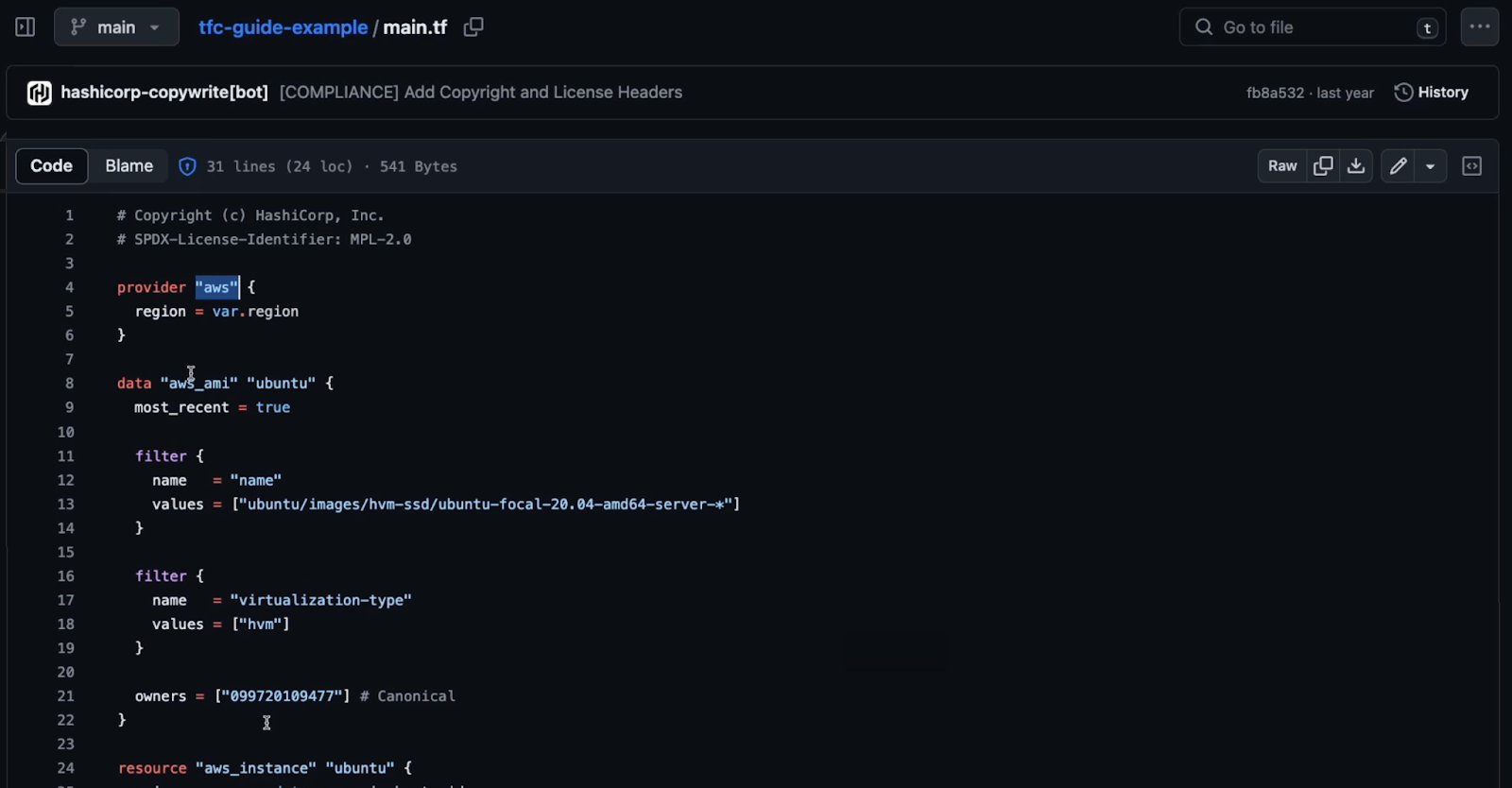 Example of the main.tf file
