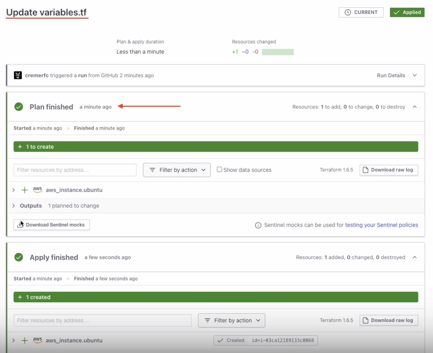 Terraform displays a 'Plan finished' message.