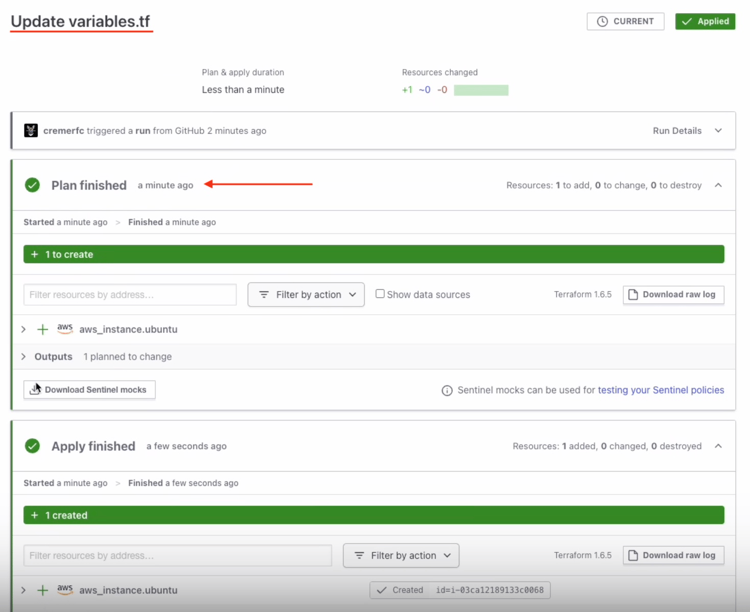 Terraform displays a 'Plan finished' message.