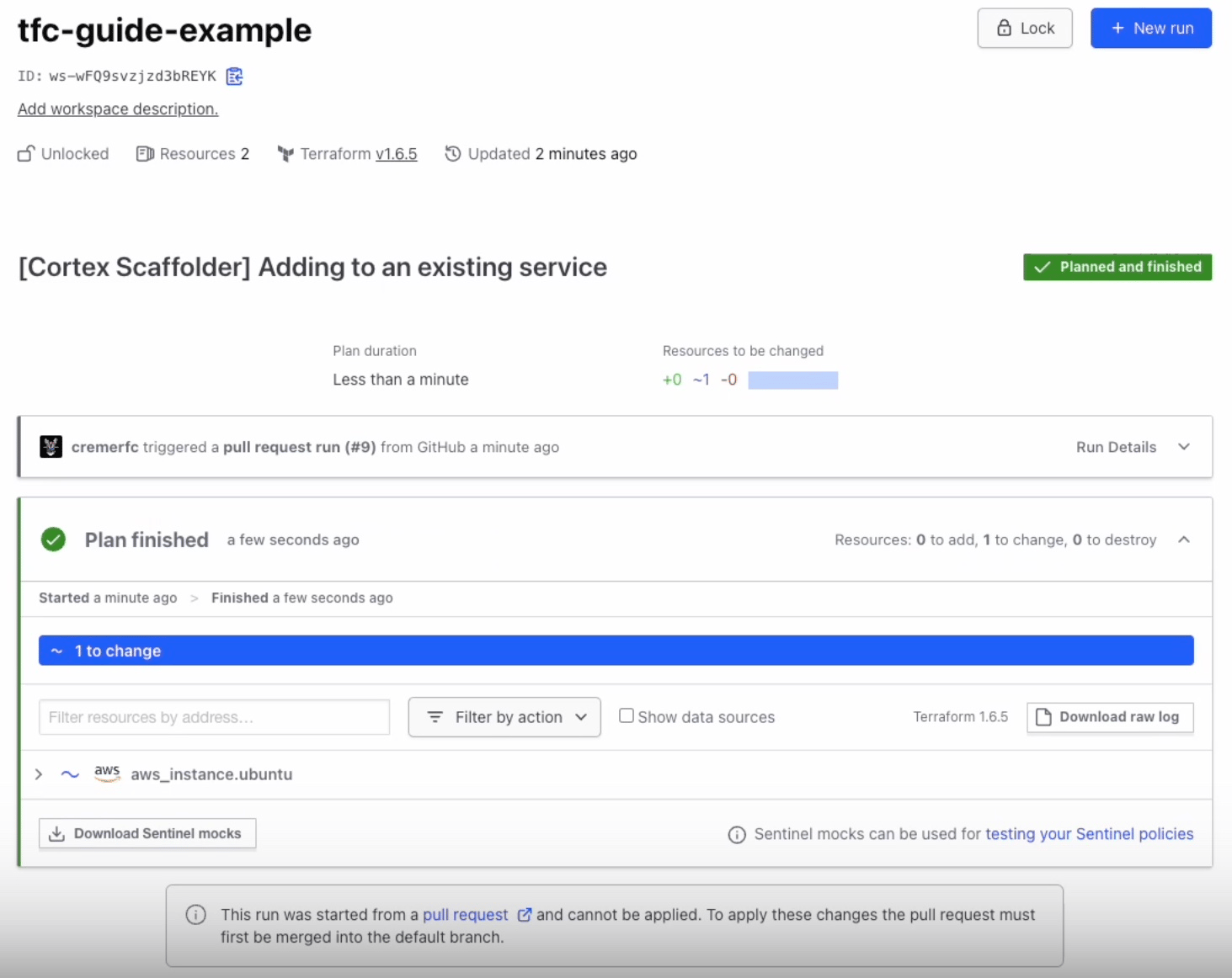 A Cortex Scaffolder run shows as planned and finished in Terraform.