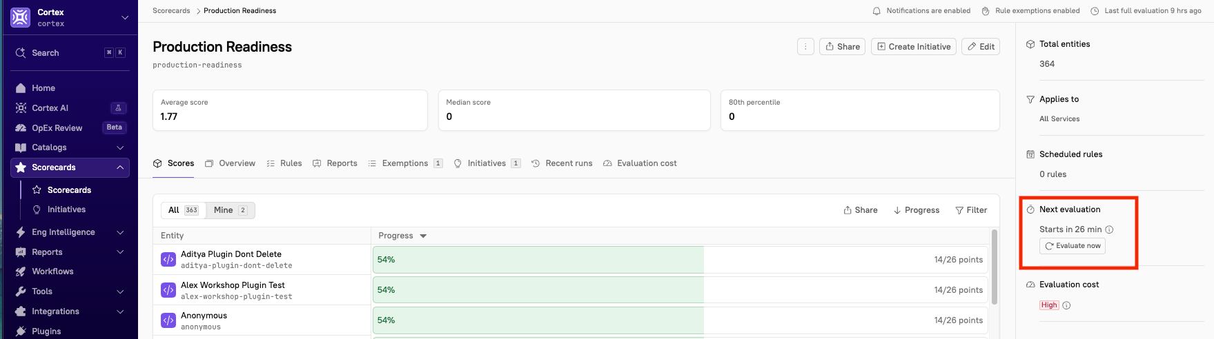 The Evaluate now button in the side panel of a Scorecard page.