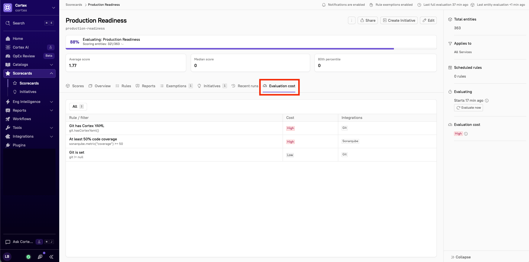 The Evaluation cost tab on a Scorecard page.