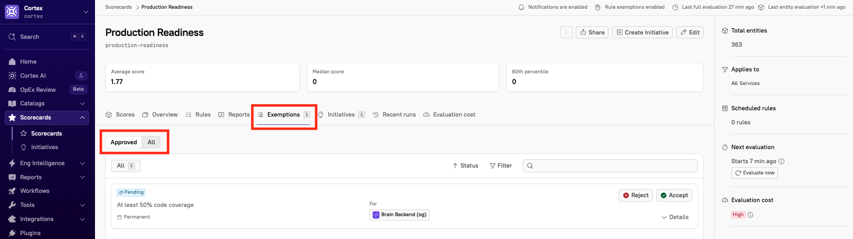 The Approved view of the Exemptions tab.