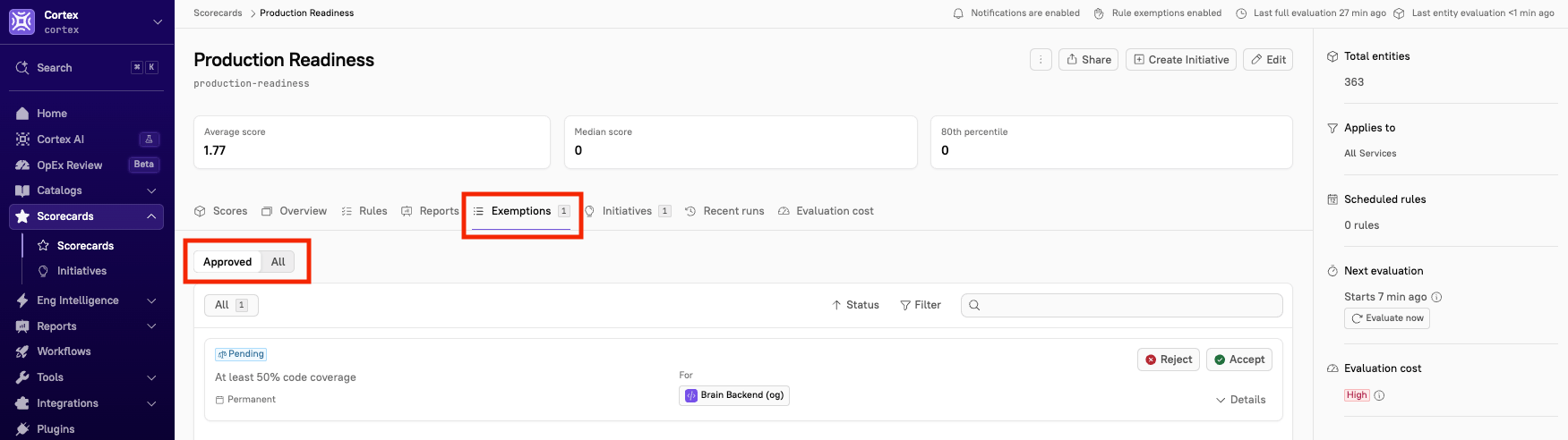 The Approved view of the Exemptions tab.