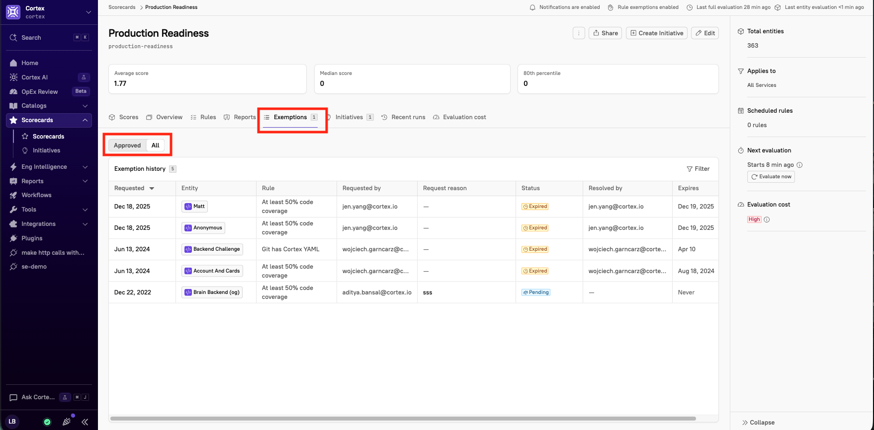 The All view of the Exemptions tab.