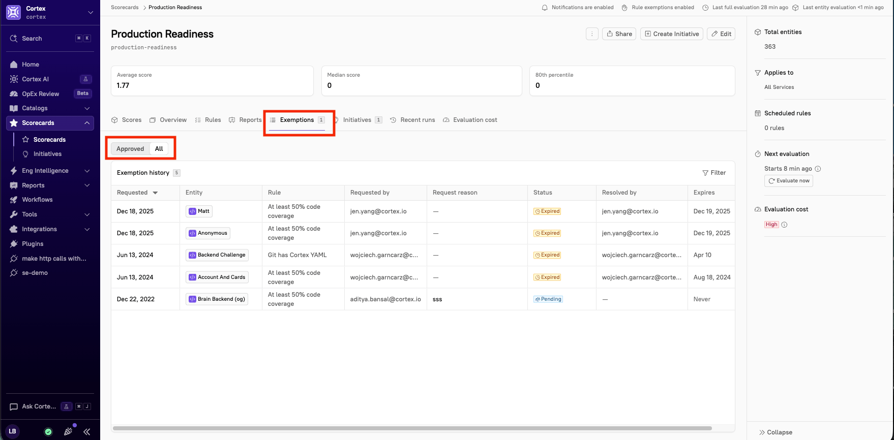 The All view of the Exemptions tab.