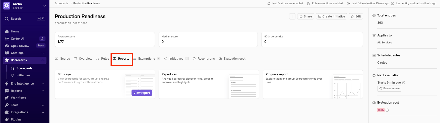 The Reports tab on a Scorecard page.