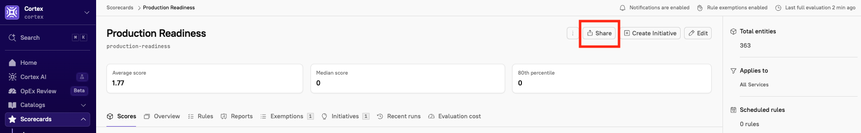 The Share button in the upper right corner of a Scorecard page.