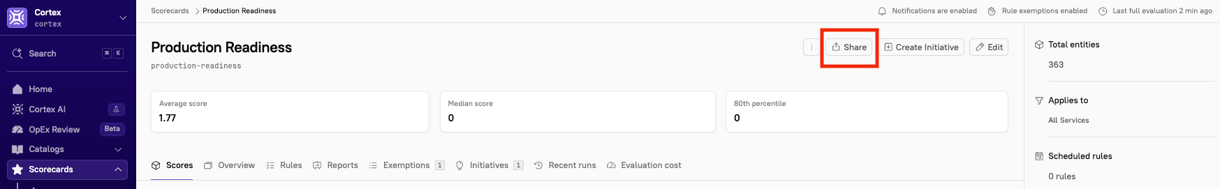 The Share button in the upper right corner of a Scorecard page.