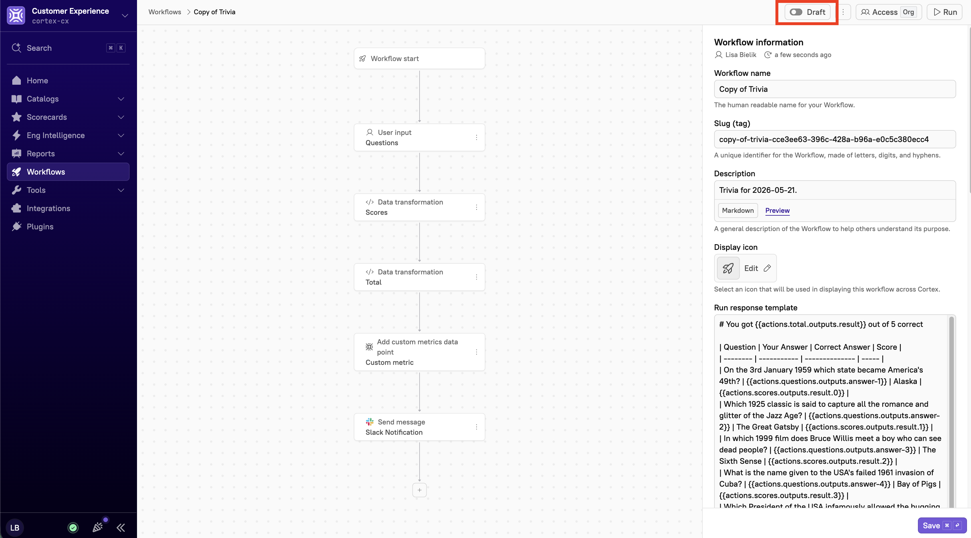 The 'Draft' option toggled off indicates that the Workflow is viewable and discoverable.