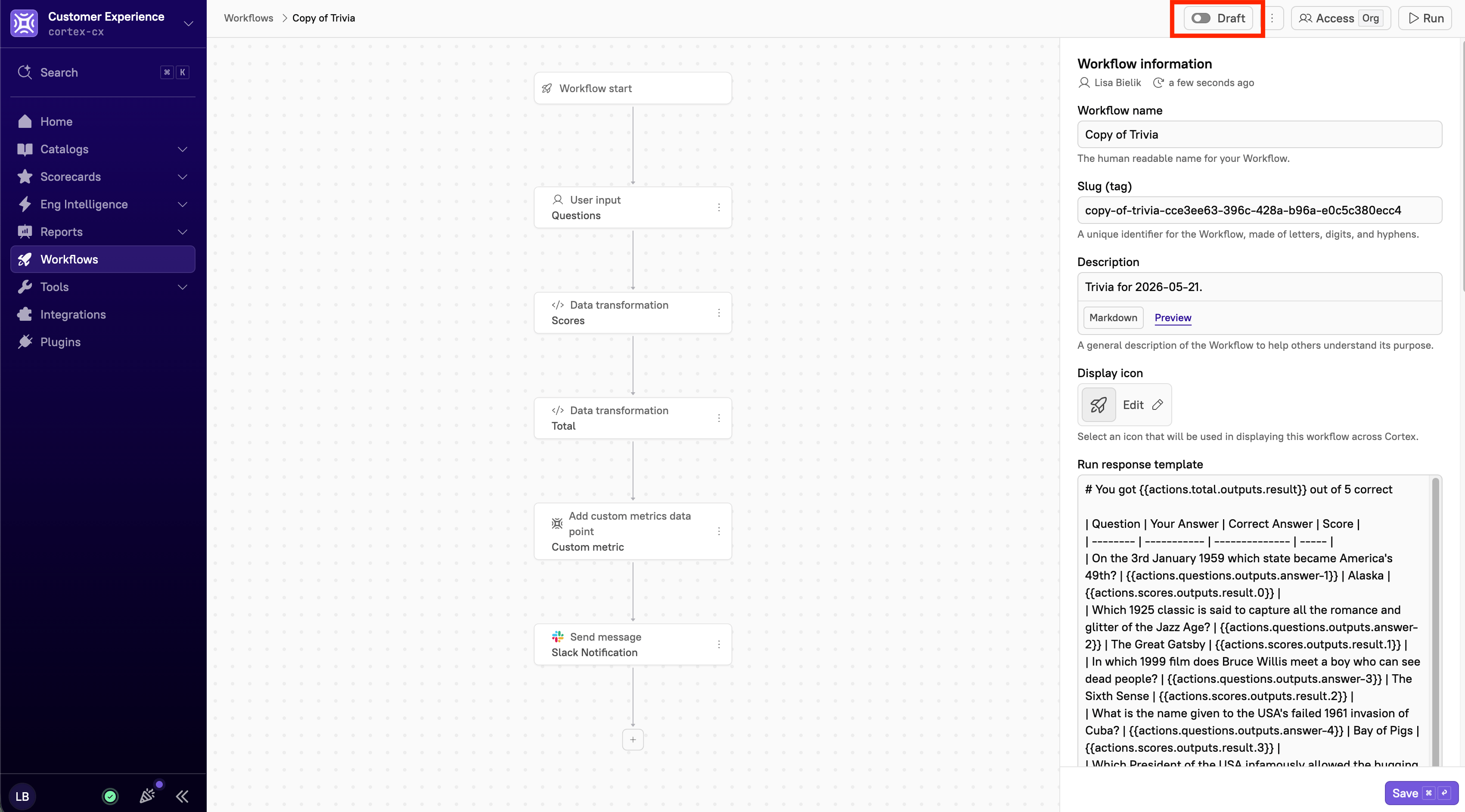 The 'Draft' option toggled off indicates that the Workflow is viewable and discoverable.