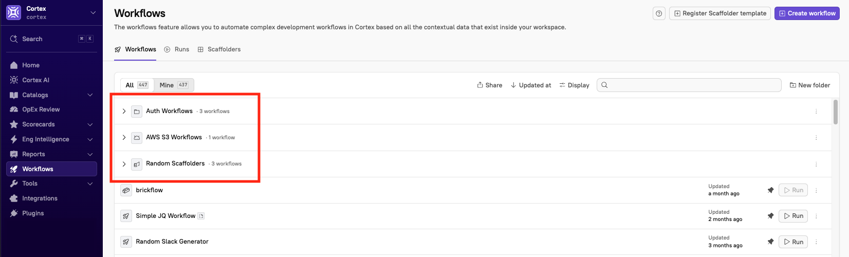 Folders at the top of the Workflows list.
