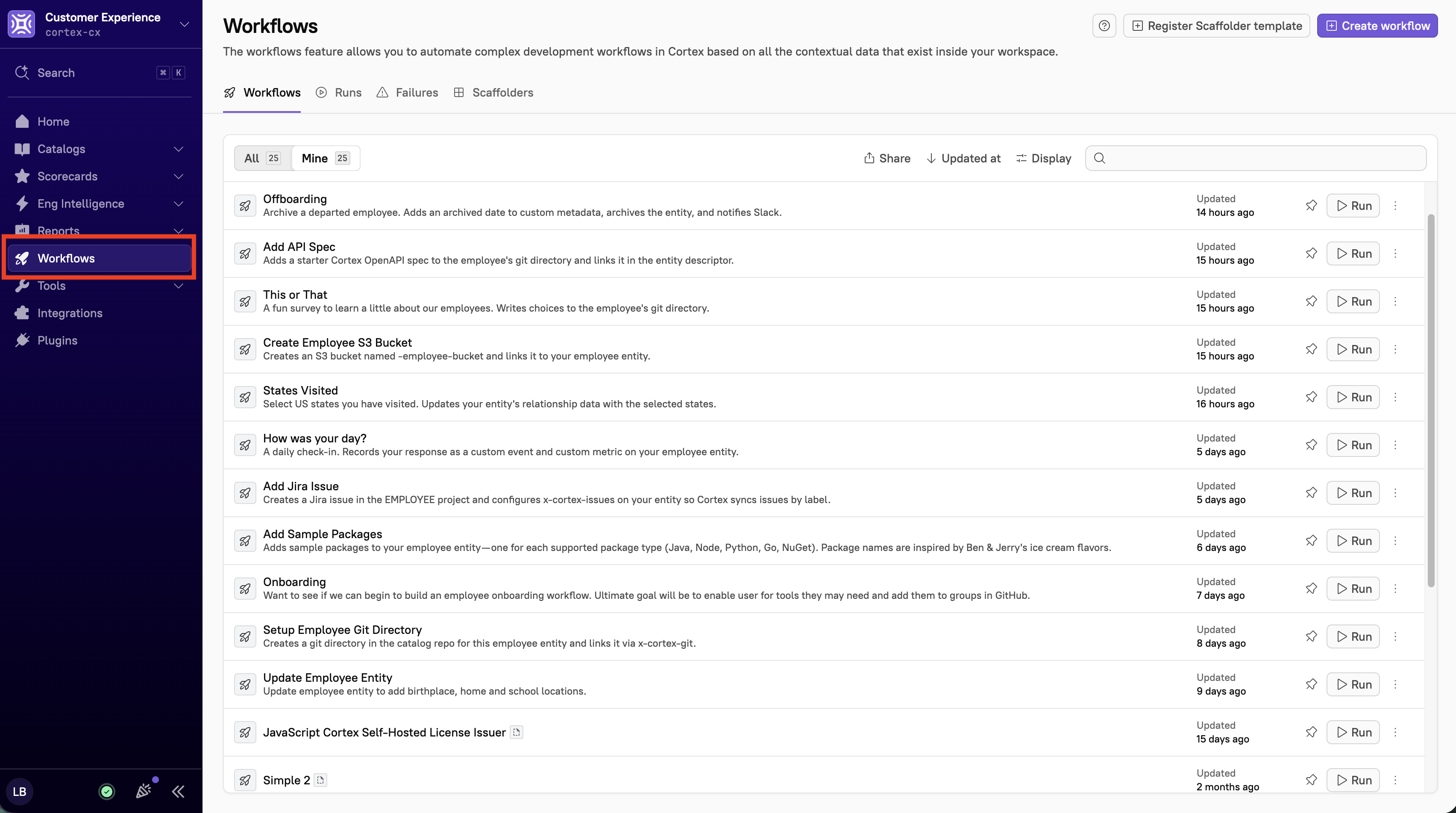 The 'Workflows' tab in the Cortex main sidebar.