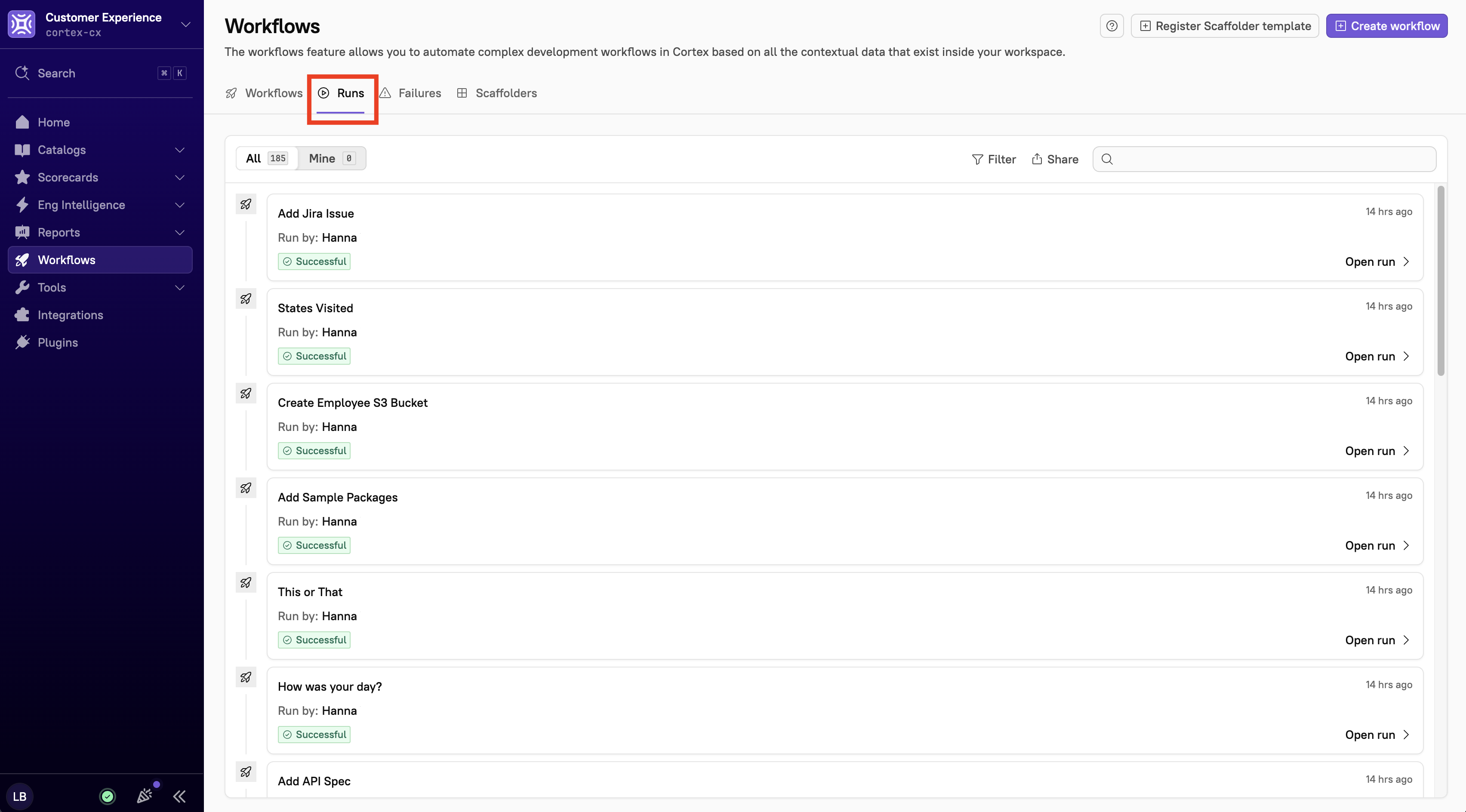 The 'Runs' tab shows a list of recently ran Workflows.
