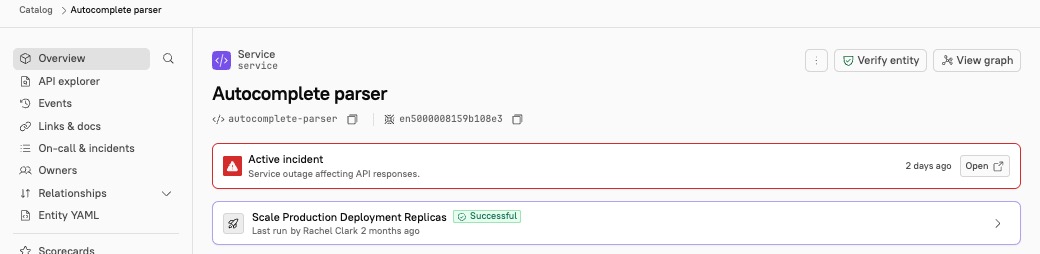 Active incidents appear at the top of an entity page.