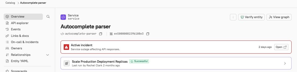 Active incidents appear at the top of an entity page.