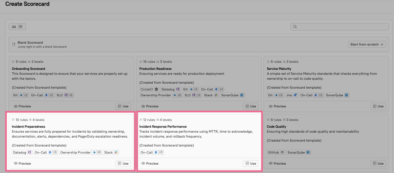 Click 'Use' on the incident Scorecard template you want to use.