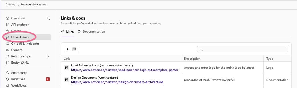 Relevant links and docs appear on the entity page.